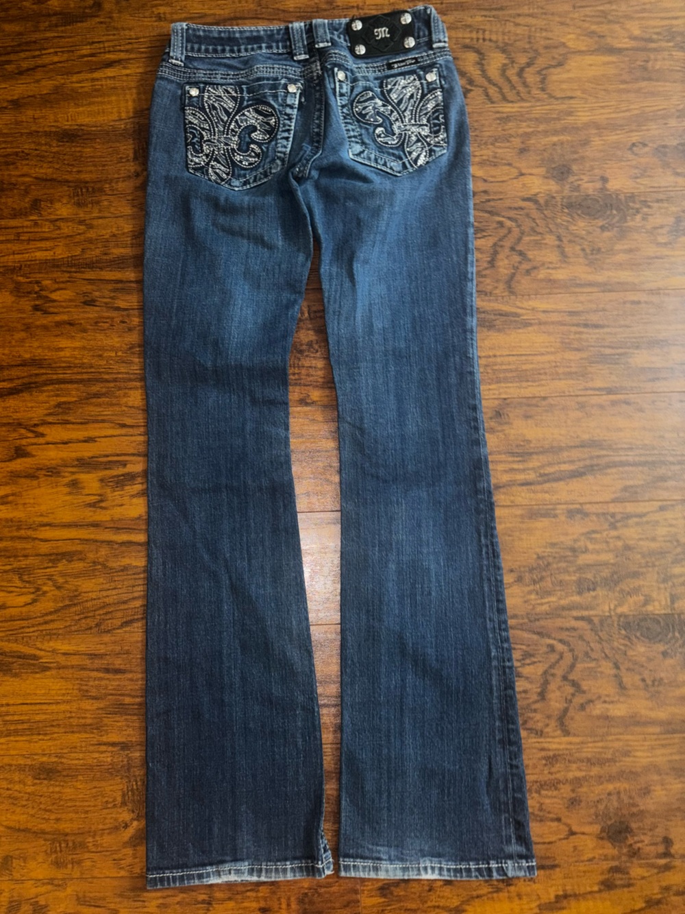 Miss Me Bedazzled Boot Cut Jeans Dark Wash Flare Blue Jeans Rhinestone Studs